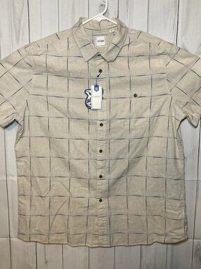 ROWM Men's Short Sleeve Shirt Cotton And Linen Cream  Dark/ Light Blue  size XL
